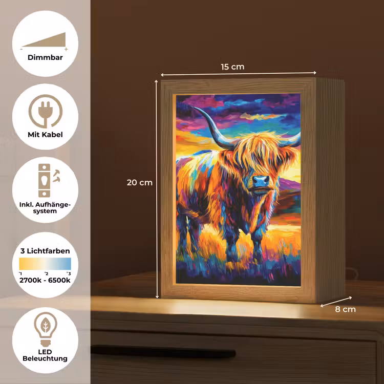 Schotse hooglander - Kunst - Koe - Dieren - Landschap Light Box met kabel (Tafellamp) klein -USP_DE