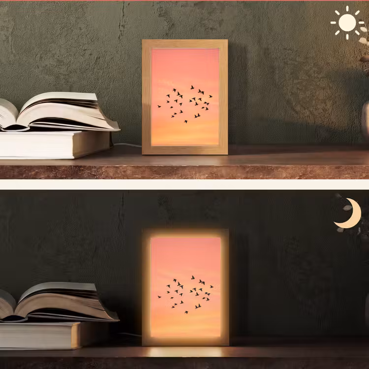 Zwerm - Vogels - Oranje Light Box met kabel (Tafellamp) klein -sfeer3