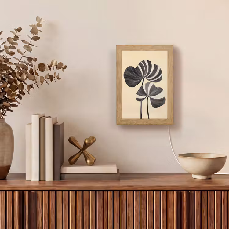 Zwart - Bladeren - Strepen - Minimalistisch Light Box met kabel (Tafellamp) klein -sfeer2