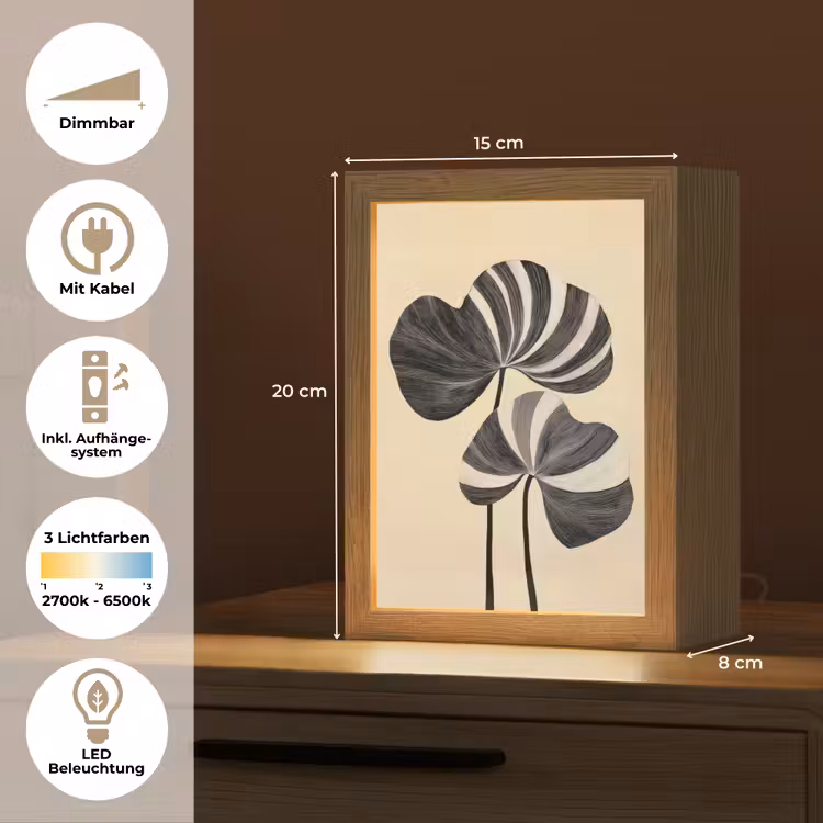 Zwart - Bladeren - Strepen - Minimalistisch Light Box met kabel (Tafellamp) klein -USP_DE
