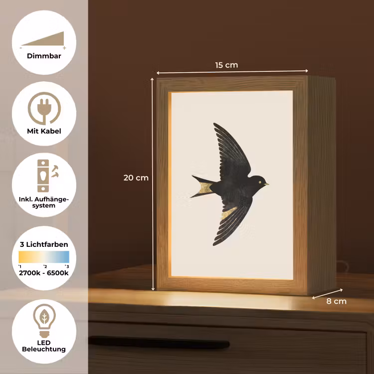 Zwarte zwaluw - Gouden accenten - Lichte achtergrond Light Box met kabel (Tafellamp) klein -USP_DE