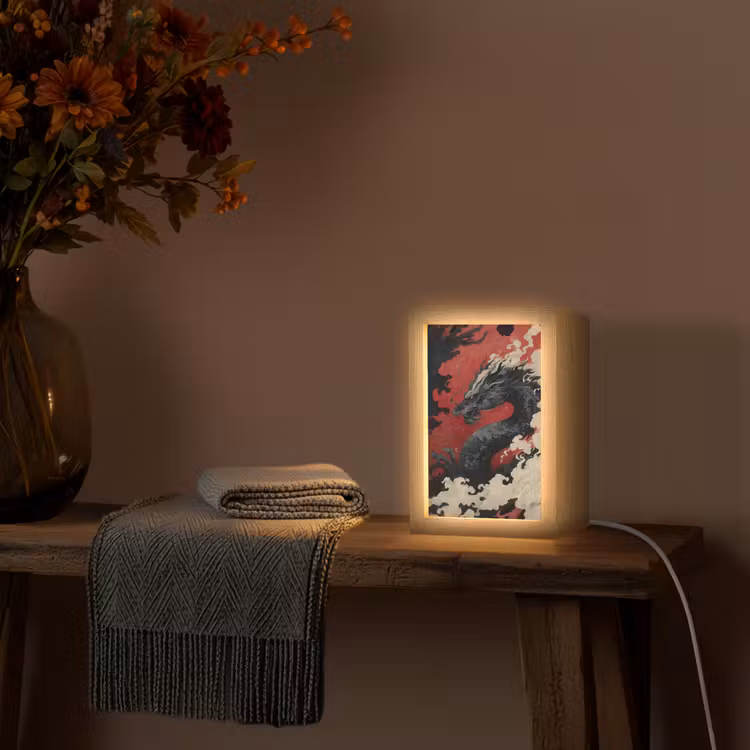 Zwarte draak - Rookwolken - Rood Light Box met kabel (Tafellamp) klein -sfeer4