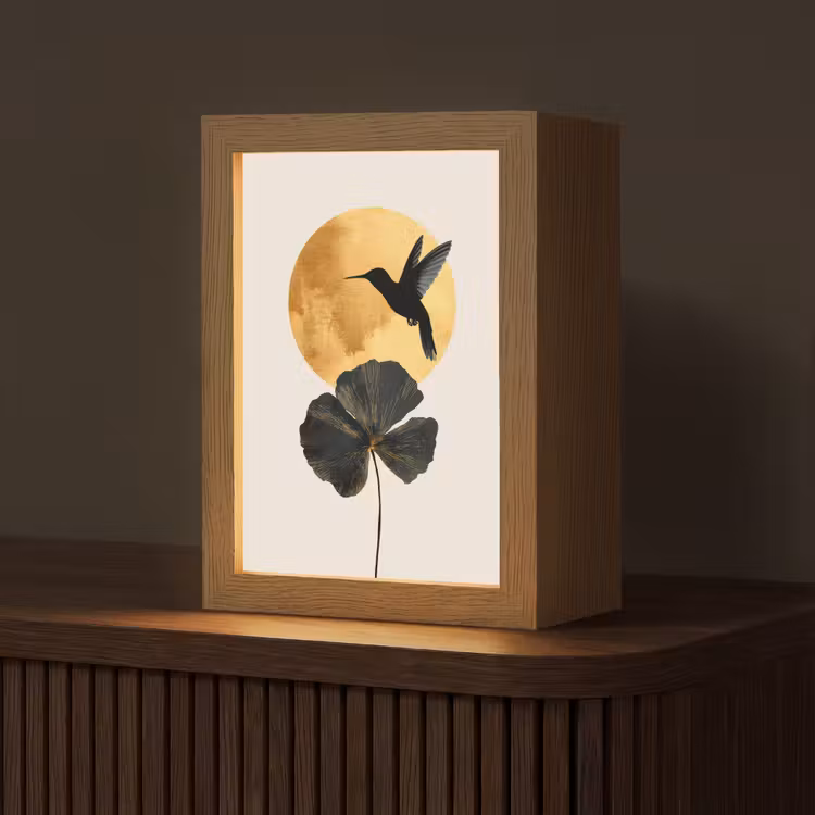 Zwarte kolibrie - Bloem - Gouden cirkel Light Box met kabel (Tafellamp) klein -z3d_website