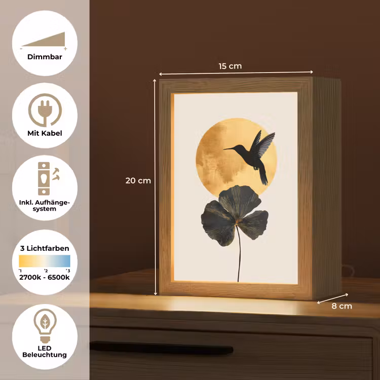 Zwarte kolibrie - Bloem - Gouden cirkel Light Box met kabel (Tafellamp) klein -USP_DE
