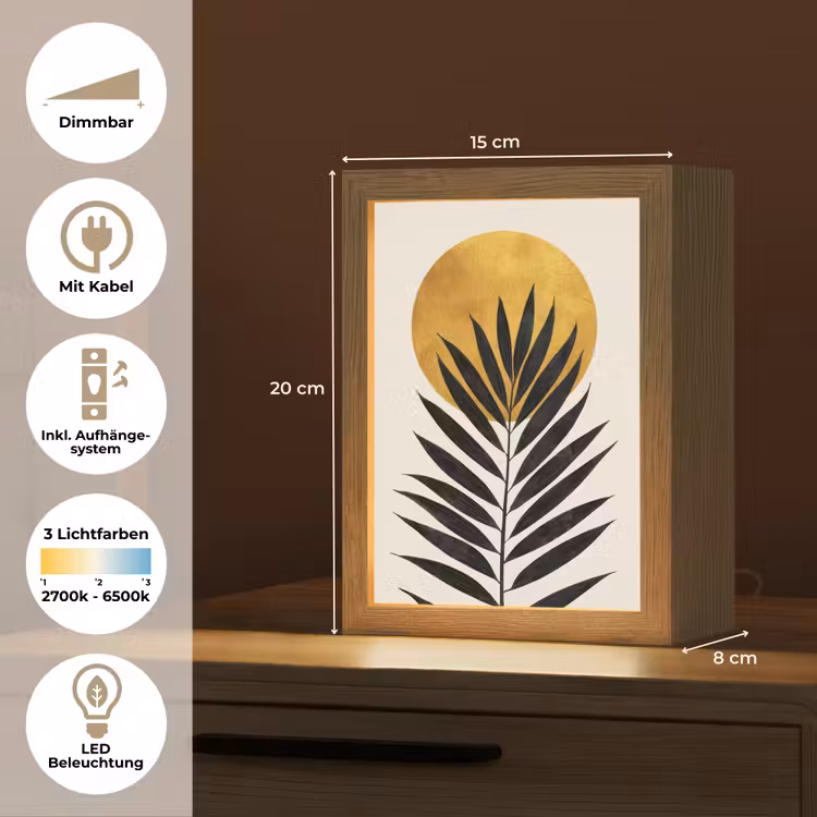 Zwart palmblad - Gouden cirkel - Beige achtergrond Light Box met kabel (Tafellamp) klein -USP_DE