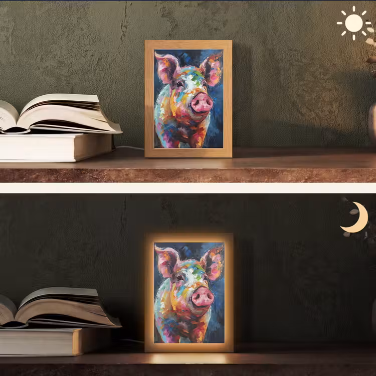 Varken - Olieverf - Dieren - Kunst Light Box met kabel (Tafellamp) klein -sfeer3
