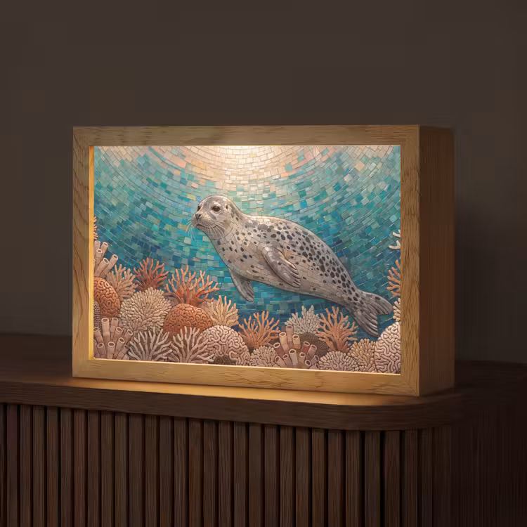 Zeehond - Mozaïek - Onderwater - Dieren - Blauw Light Box met kabel (Tafellamp) klein -z3d_website