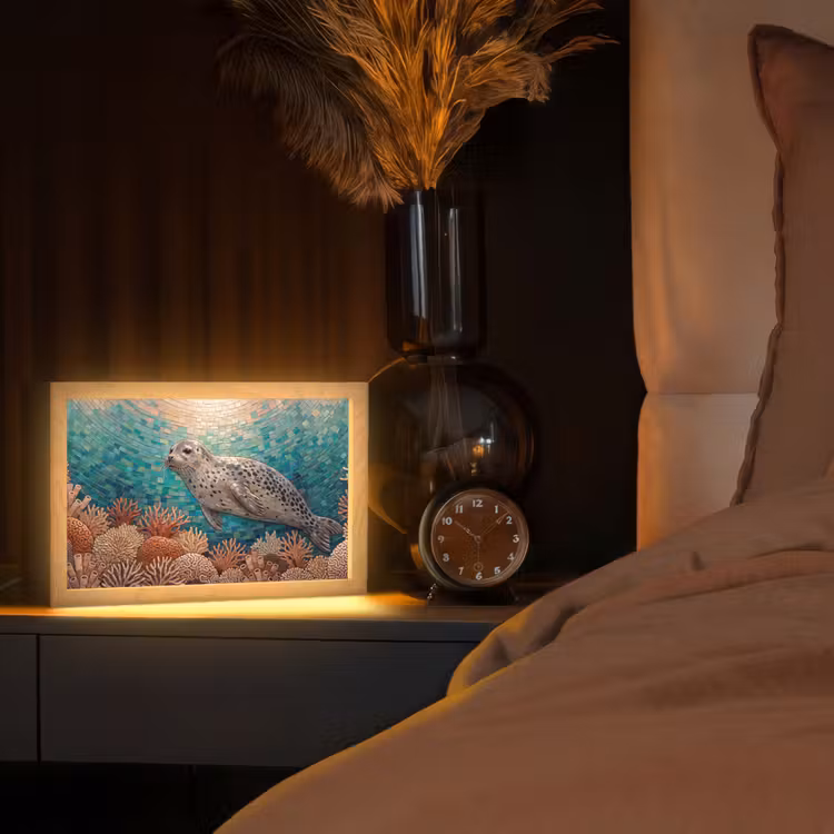 Zeehond - Mozaïek - Onderwater - Dieren - Blauw Light Box met kabel (Tafellamp) klein -sfeer1