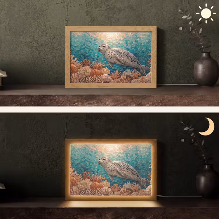 Zeehond - Mozaïek - Onderwater - Dieren - Blauw Light Box met kabel (Tafellamp) klein -sfeer3