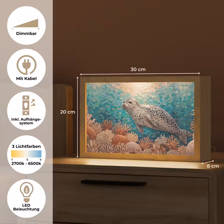 Zeehond - Mozaïek - Onderwater - Dieren - Blauw Light Box met kabel (Tafellamp) klein -USP_DE
