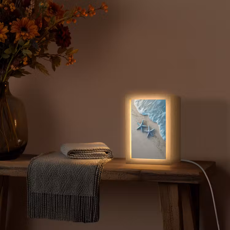 Zeesterren - Zand - Zee - Blauw Light Box met kabel (Tafellamp) klein -sfeer4