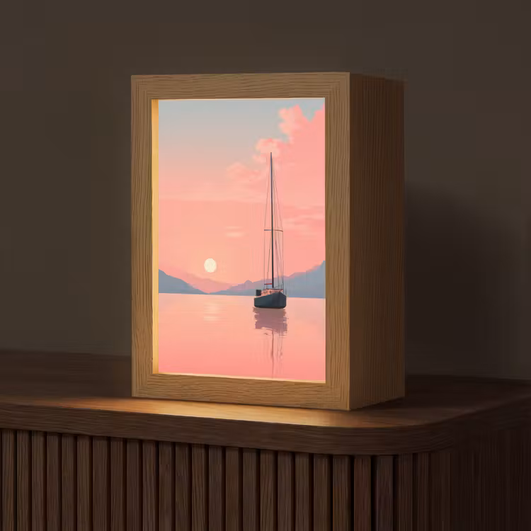 Zeilboot - Roze zee - Zonsondergang - Bergen Light Box met kabel (Tafellamp) klein -z3d_website
