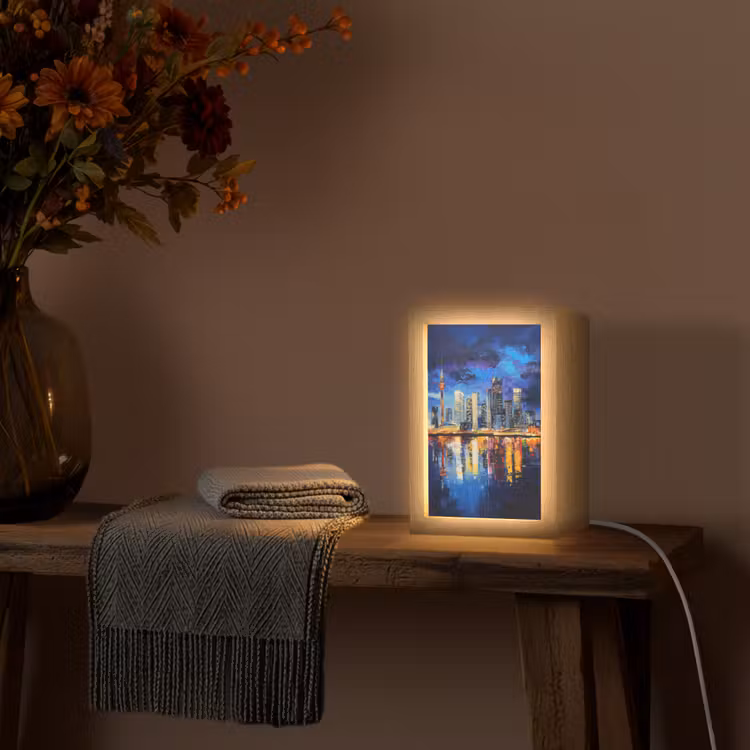 Skyline Toronto - Modern - Stadslicht - Blauw Light Box met kabel (Tafellamp) klein -sfeer4