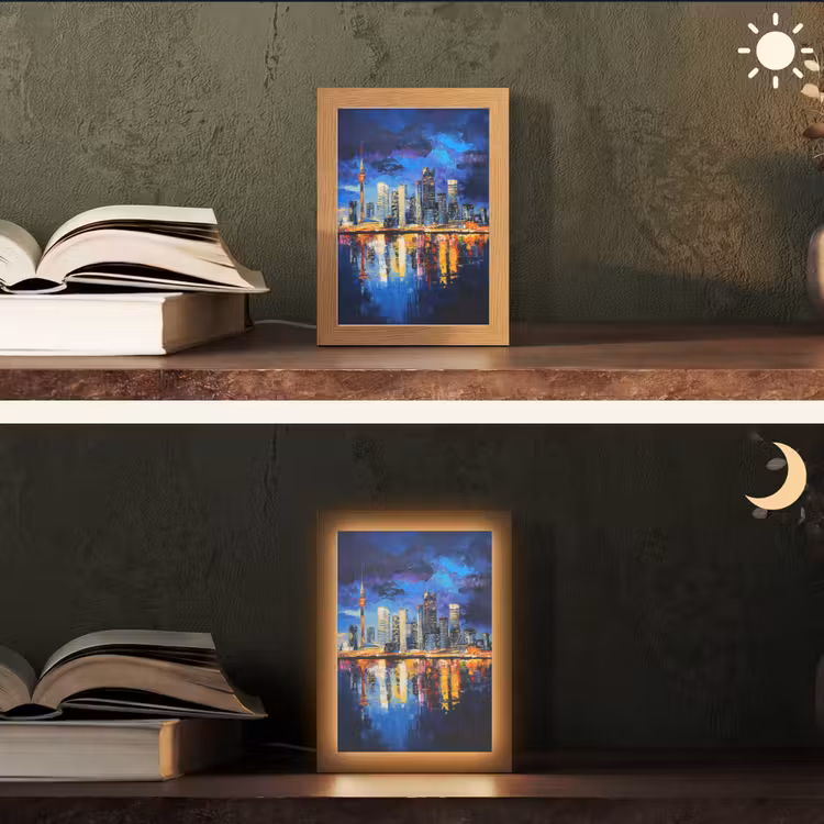 Skyline Toronto - Modern - Stadslicht - Blauw Light Box met kabel (Tafellamp) klein -sfeer3