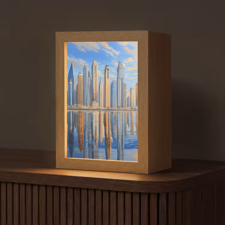 Skyline - Wolkenkrabbers - Water - Blauw Light Box met kabel (Tafellamp) klein -z3d_website