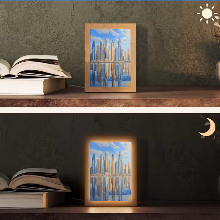 Skyline - Wolkenkrabbers - Water - Blauw Light Box met kabel (Tafellamp) klein -sfeer3