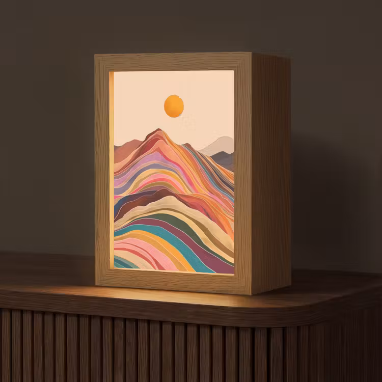 Zon - Kleurrijk landschap - Bergen Light Box met kabel (Tafellamp) klein -z3d_website