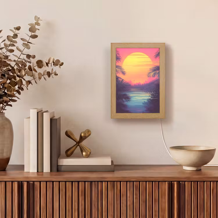 Zon - Geel - Palmbomen - Tropisch Light Box met kabel (Tafellamp) klein -sfeer2