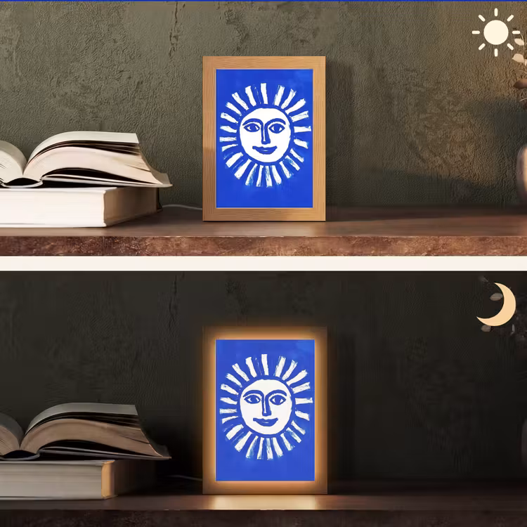 Zon - Gezicht - Penseelstructuur - Blauw Light Box met kabel (Tafellamp) klein -sfeer3