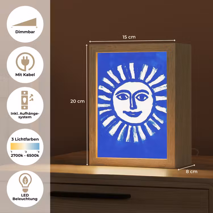 Zon - Gezicht - Penseelstructuur - Blauw Light Box met kabel (Tafellamp) klein -USP_DE