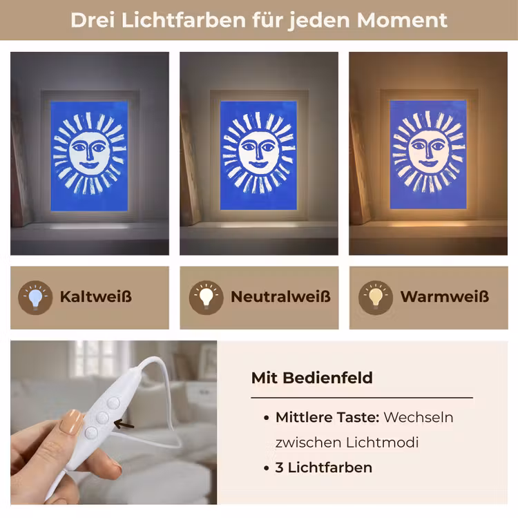 Zon - Gezicht - Penseelstructuur - Blauw Light Box met kabel (Tafellamp) klein -USP_lichtkleurDE