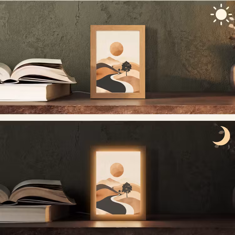 Zon - Heuvels - Boom - Abstract Light Box met kabel (Tafellamp) klein -sfeer3