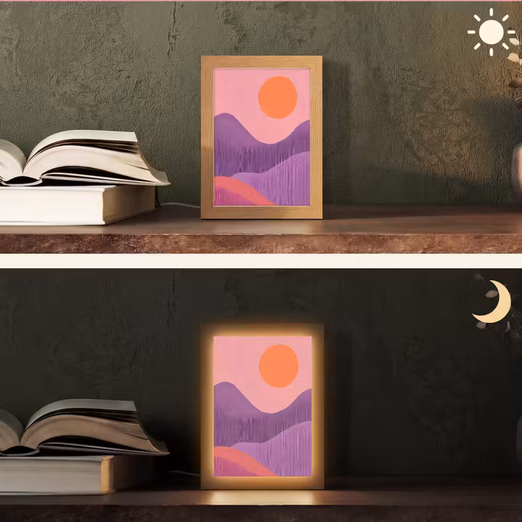Zon - Heuvels - Paars - Abstract Light Box met kabel (Tafellamp) klein -sfeer3