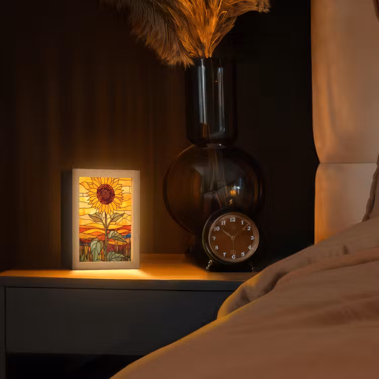 Zonnebloem - Mozaïek - Zonsondergang - Geel Light Box met kabel (Tafellamp) klein -sfeer1
