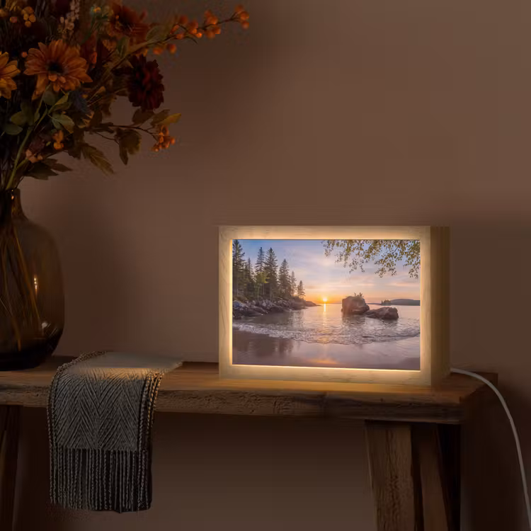 Zonsondergang - Kust - Water - Natuur - Oranje Light Box met kabel (Tafellamp) klein -sfeer4