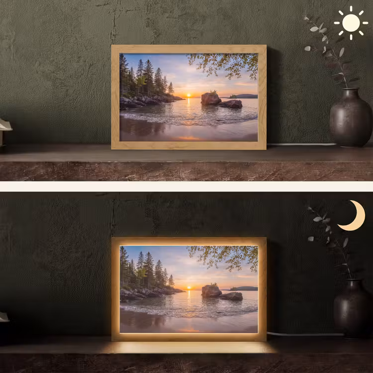 Zonsondergang - Kust - Water - Natuur - Oranje Light Box met kabel (Tafellamp) klein -sfeer3