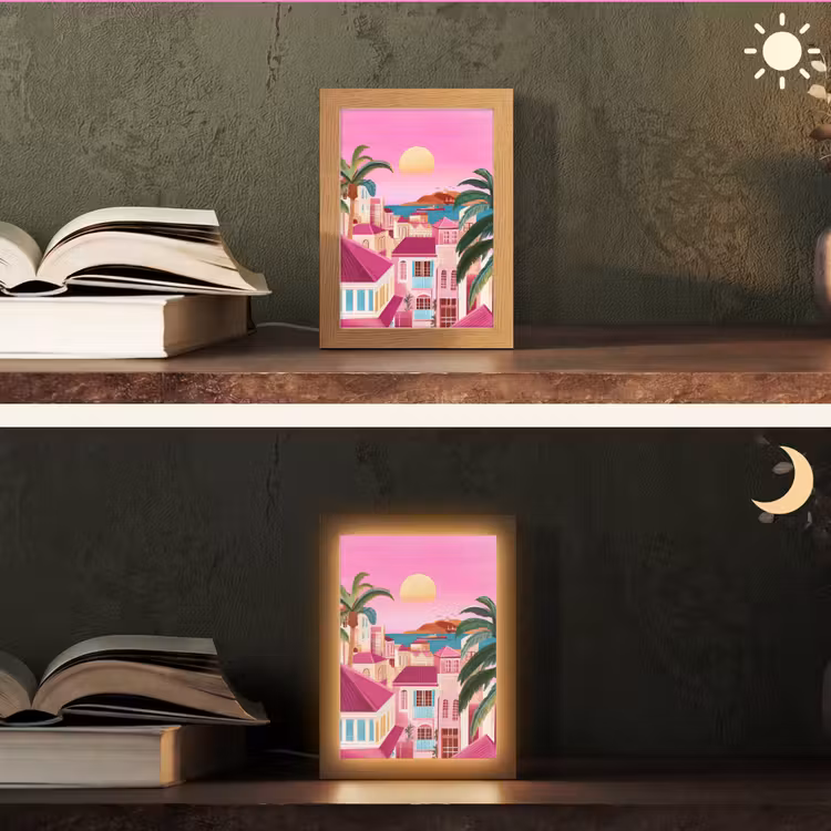 Stad - Roze - Palmbomen Light Box met kabel (Tafellamp) klein -sfeer3