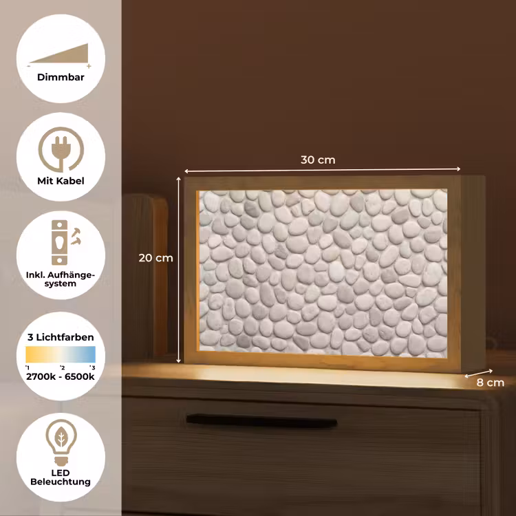 Steen - Kiezel - Natuur - Minimalistisch - Beige Light Box met kabel (Tafellamp) klein -USP_DE