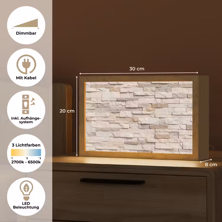 Steen - Muur - Textuur - Rustiek - Beige Light Box met kabel (Tafellamp) klein -USP_DE