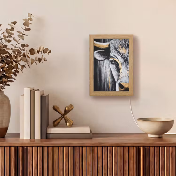 Stier - Hoorns - Snuit - Goud Light Box met kabel (Tafellamp) klein -sfeer2