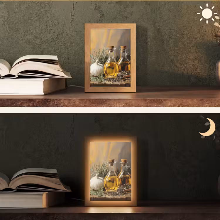 Stilleven - Olijfolie - Knoflook - Kruiden Light Box met kabel (Tafellamp) klein -sfeer3