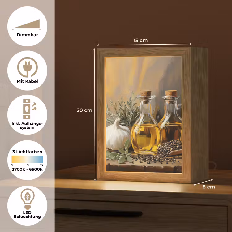 Stilleven - Olijfolie - Knoflook - Kruiden Light Box met kabel (Tafellamp) klein -USP_DE