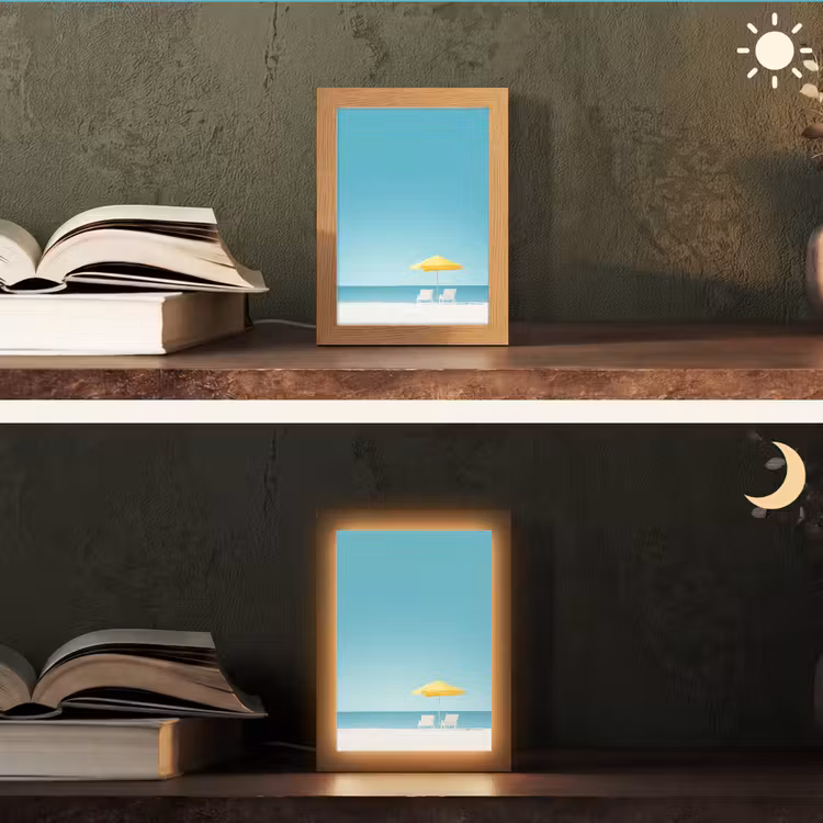 Strand - Blauwe lucht - Geel - Parasol Light Box met kabel (Tafellamp) klein -sfeer3