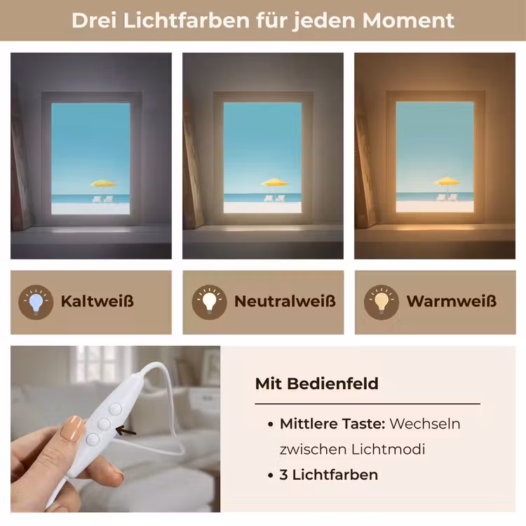 Strand - Blauwe lucht - Geel - Parasol Light Box met kabel (Tafellamp) klein -USP_lichtkleurDE