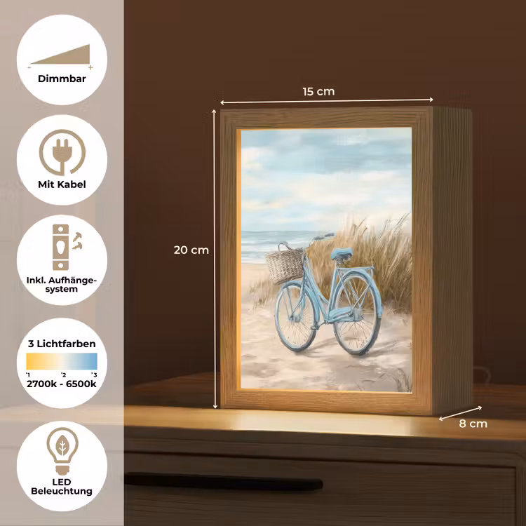 Strand - Zee - Fiets - Vintage - Bloemen Light Box met kabel (Tafellamp) klein -USP_DE