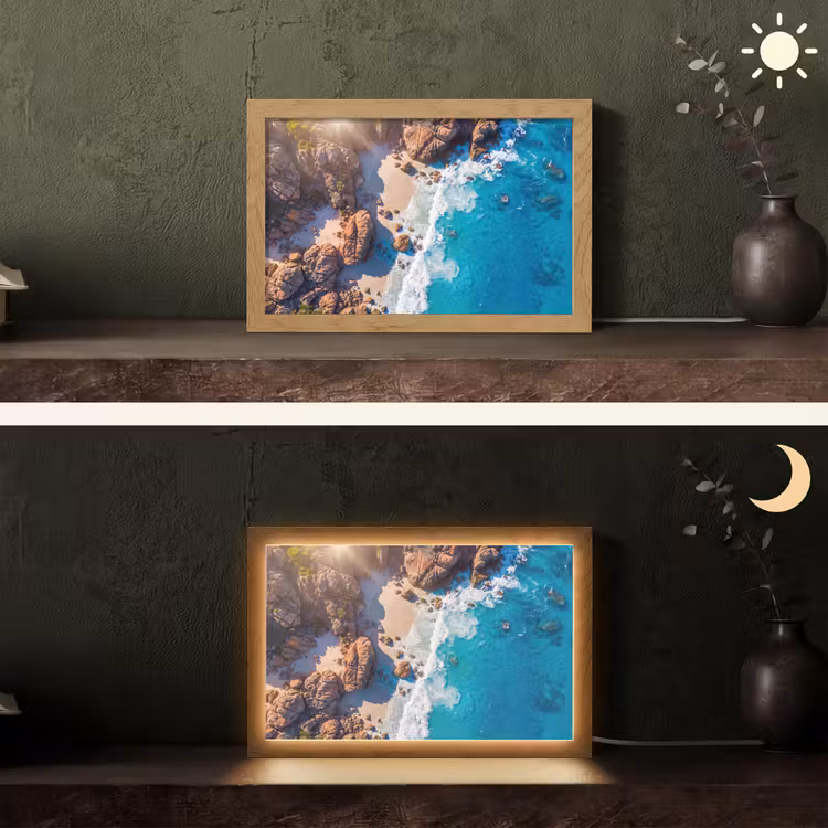 Strand - Zee - Rotsen - Natuur - Blauw Light Box met kabel (Tafellamp) klein -sfeer3