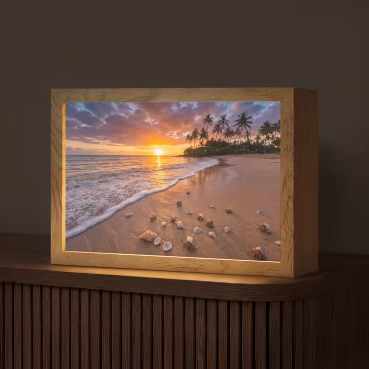 Strand - Zonsondergang - Palmbomen - Natuur - Oranje Light Box met kabel (Tafellamp) klein -z3d_website