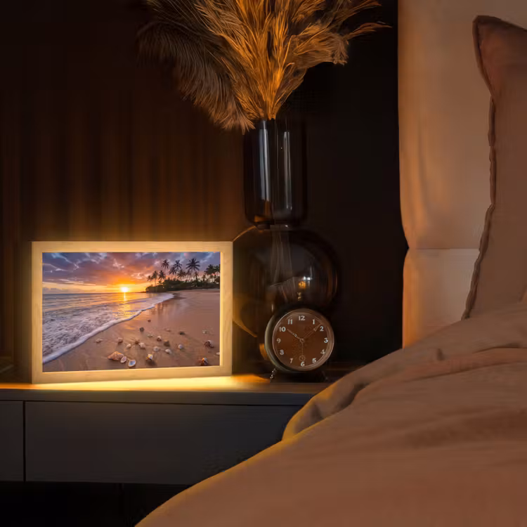 Strand - Zonsondergang - Palmbomen - Natuur - Oranje Light Box met kabel (Tafellamp) klein -sfeer1