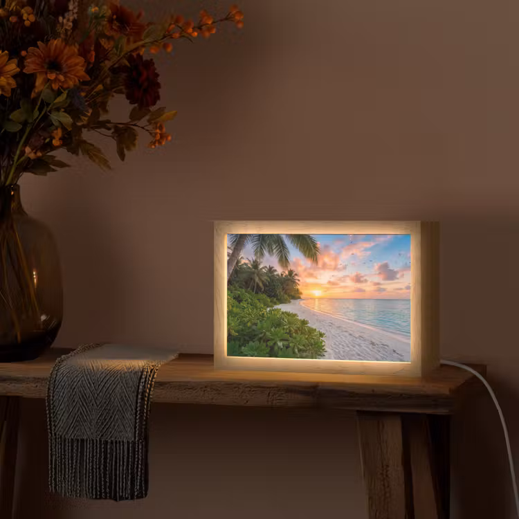 Strand - Zonsondergang - Palmbomen - Tropisch - Natuur Light Box met kabel (Tafellamp) klein -sfeer4