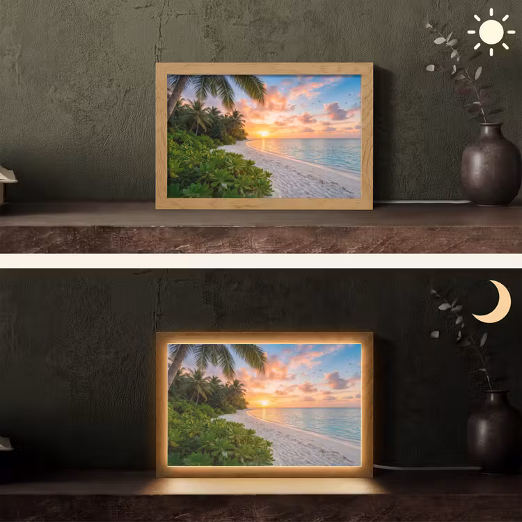 Strand - Zonsondergang - Palmbomen - Tropisch - Natuur Light Box met kabel (Tafellamp) klein -sfeer3