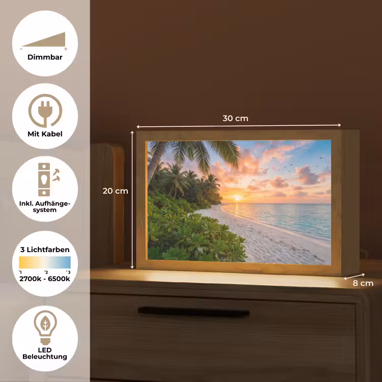Strand - Zonsondergang - Palmbomen - Tropisch - Natuur Light Box met kabel (Tafellamp) klein -USP_DE