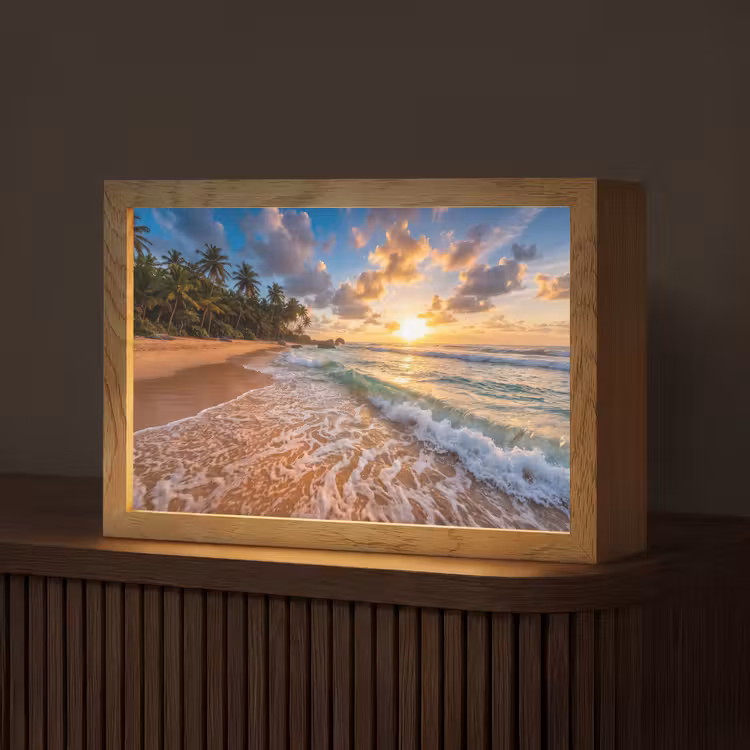 Strand - Zonsondergang - Golven - Natuur - Goud Light Box met kabel (Tafellamp) klein -z3d_website
