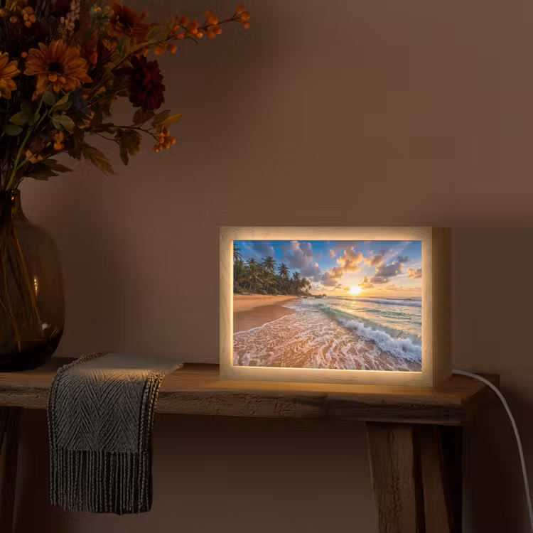 Strand - Zonsondergang - Golven - Natuur - Goud Light Box met kabel (Tafellamp) klein -sfeer4
