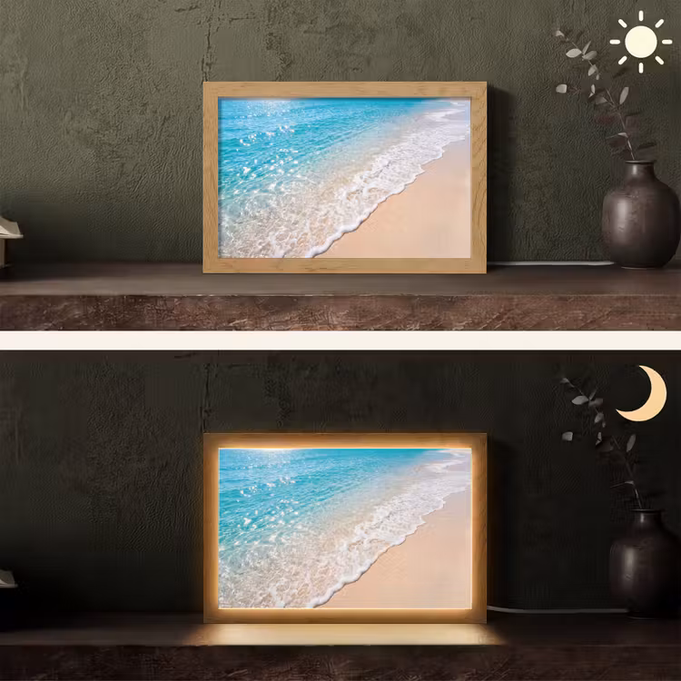 Strand - Water - Natuur - Blauw - Beige Light Box met kabel (Tafellamp) klein -sfeer3