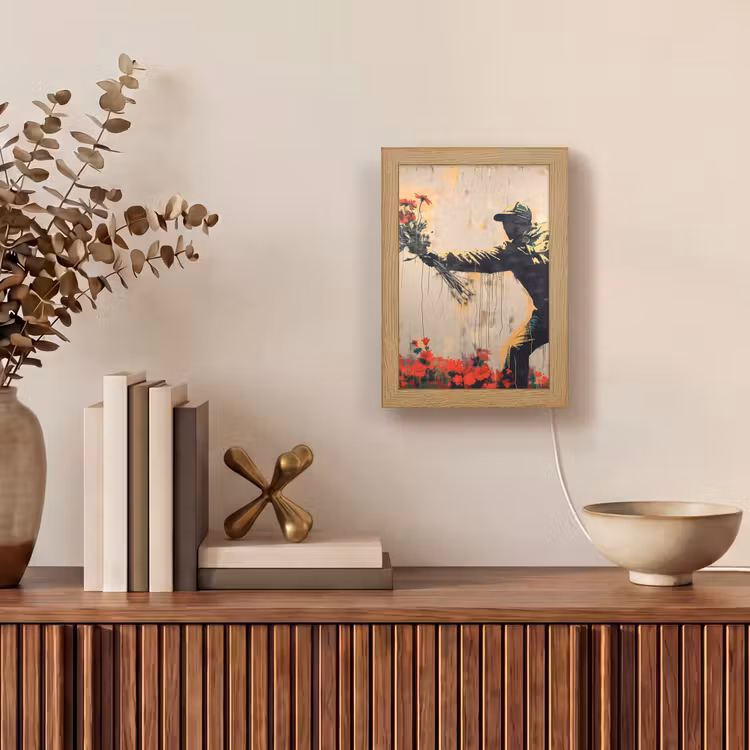 Street art - Man - Bloemen - Graffiti - Banksy Style Light Box met kabel (Tafellamp) klein -sfeer2