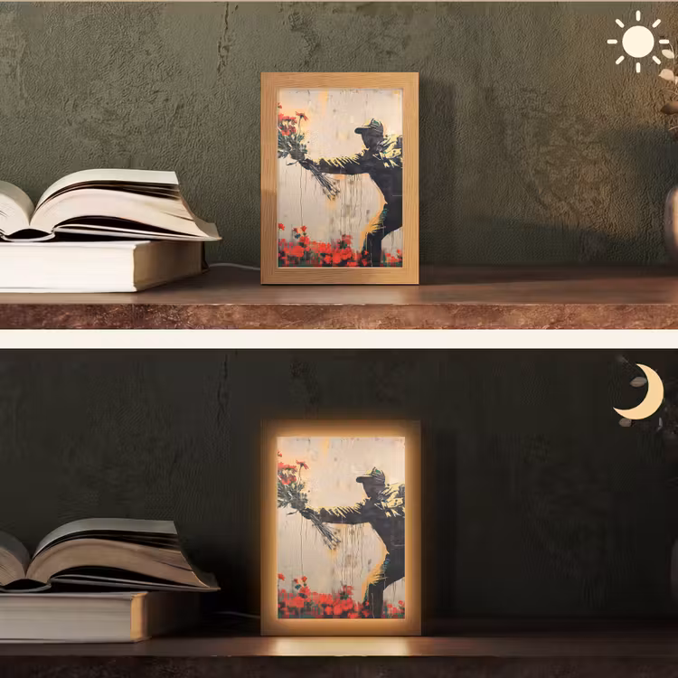 Street art - Man - Bloemen - Graffiti - Banksy Style Light Box met kabel (Tafellamp) klein -sfeer3